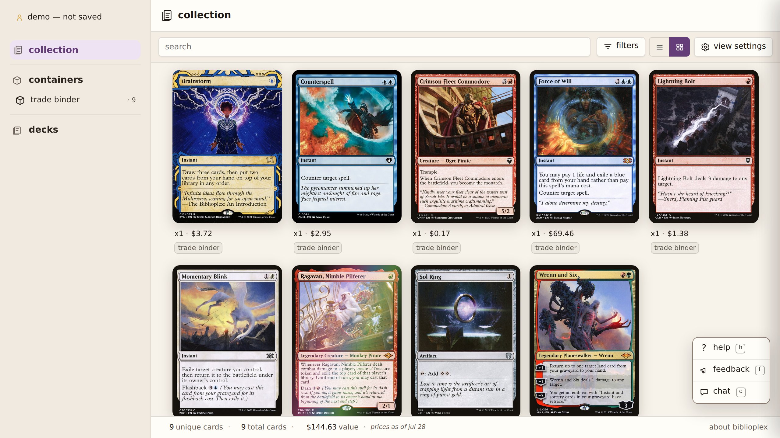 The Biblioplex visual collection view showing nine Magic cards in a trade binder