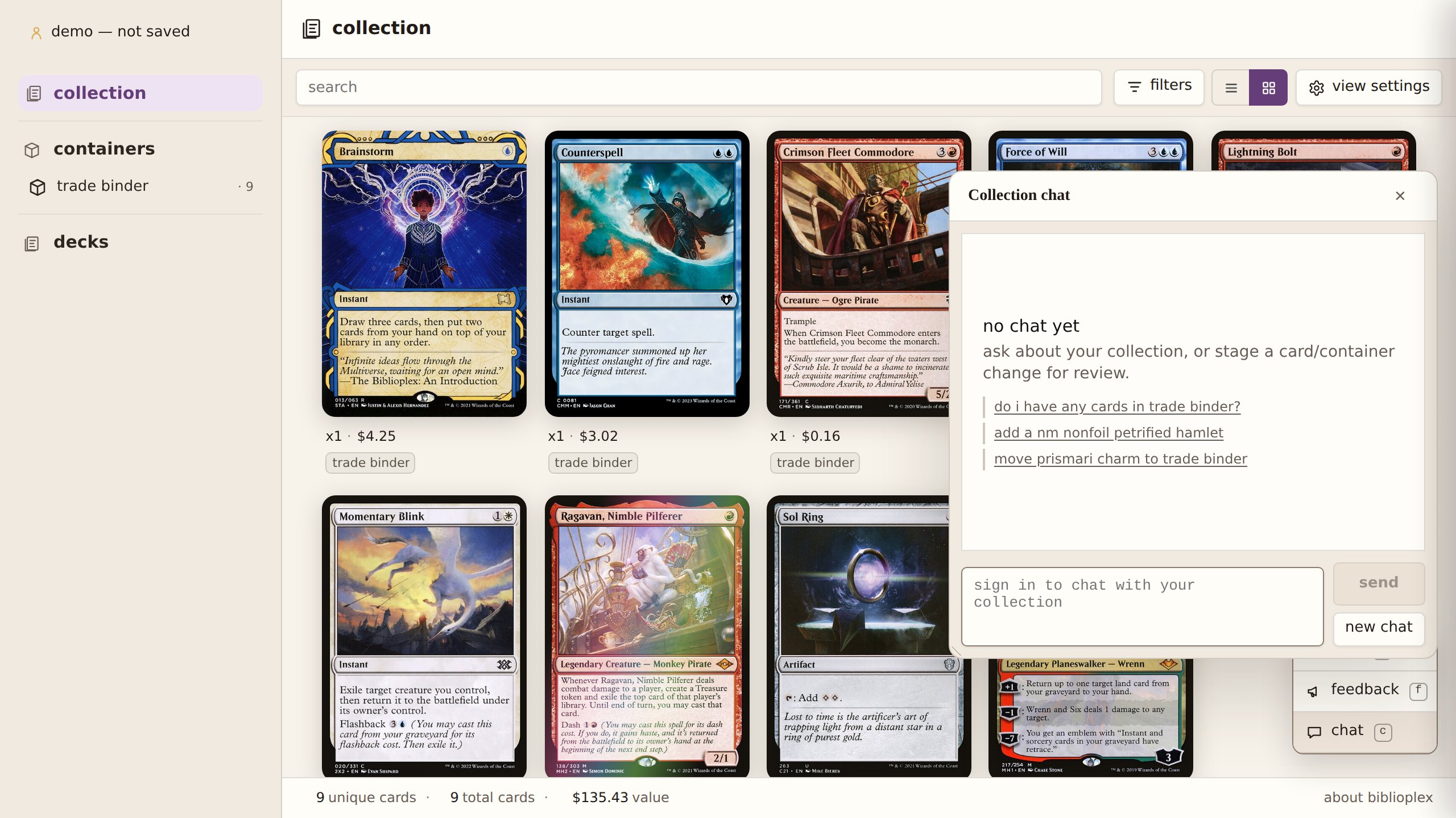 Biblioplex collection chat open over the visual collection, showing suggested prompts