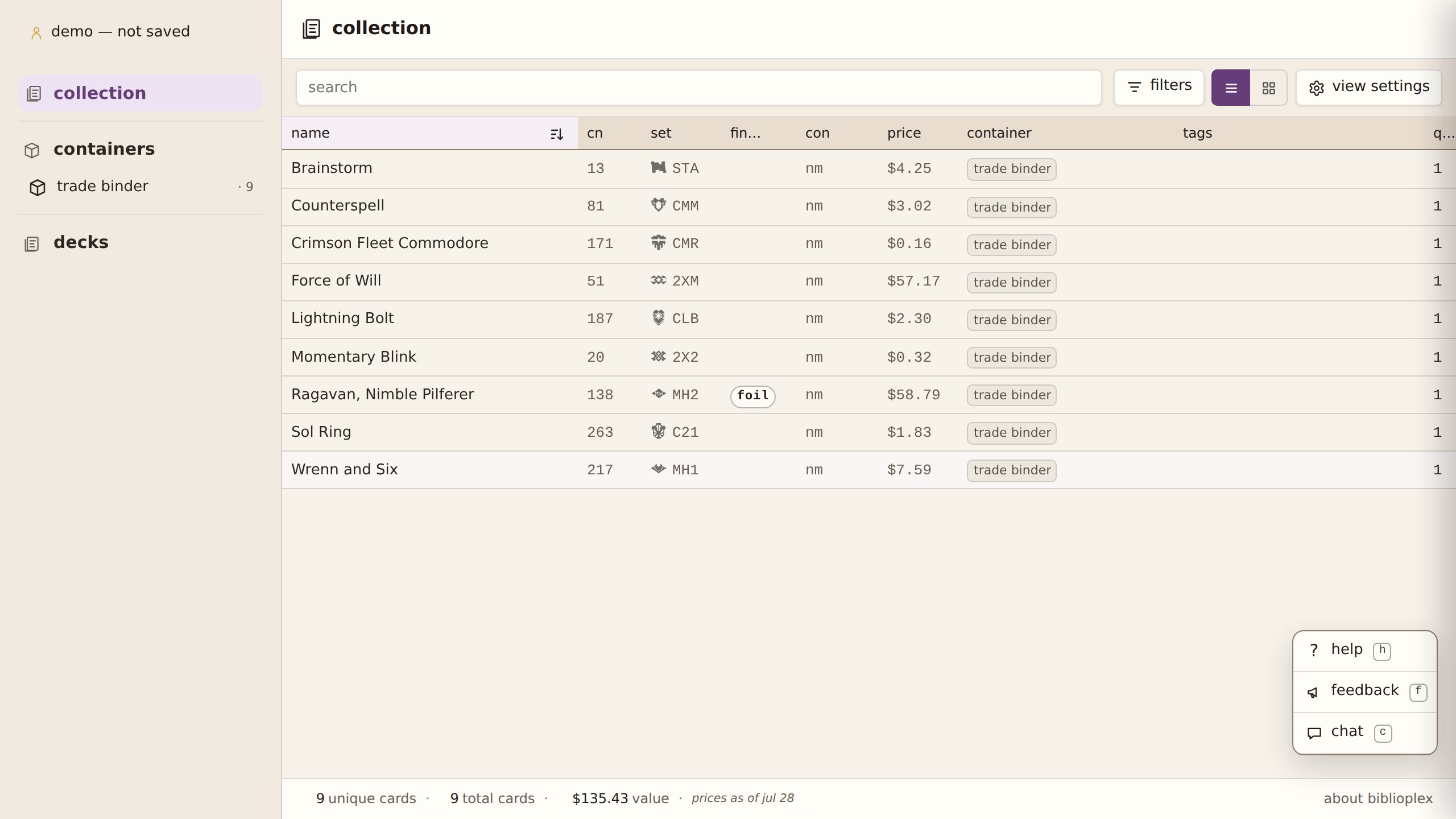 Biblioplex table view with collection rows, filters, columns, and prices